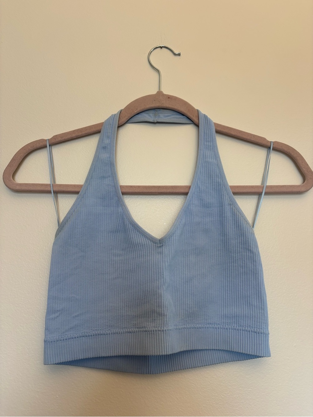 2 Garage Tops, Light Blue Ribbed V-Neck Crop Halter Top, Orange Bra Top
